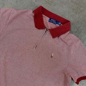 Polo Ralph Lauren 1/4 Zip Collar Polo Shirt Red White Stripe Size L